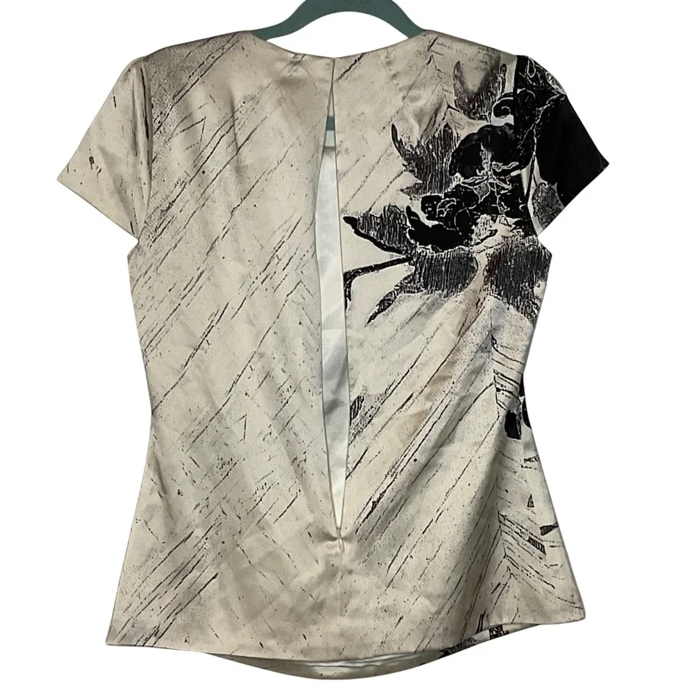 ELIE TAHARI Women's silk blouse top shirt black white cream cap sleeve Small - Picture 2 of 6